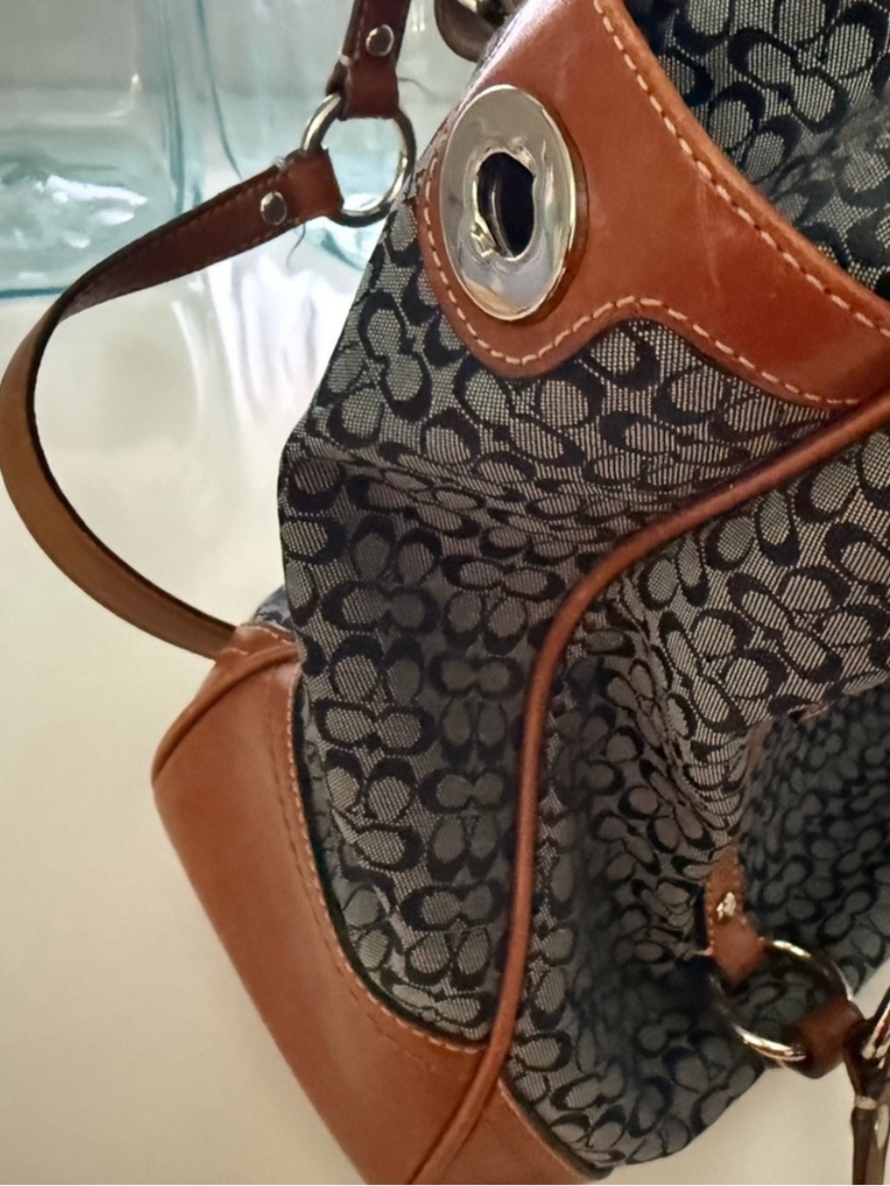 Coach Navy mini Cc Canvas Shoulder Tote with British Tan Leather Trim - Picture 5 of 6